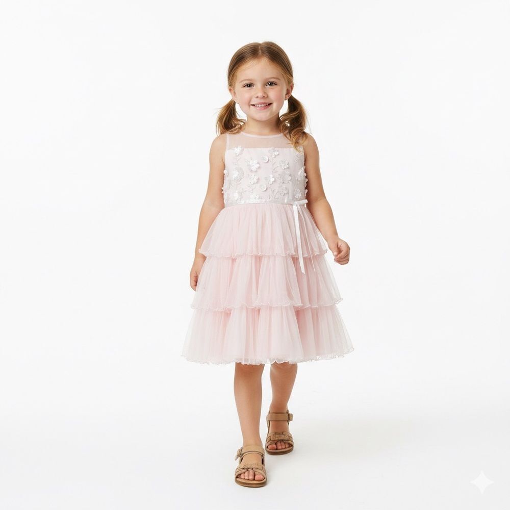 Jona Michelle Pink Tiered Embellished Girls Formal Pink Sleeveless Dress SZ 5
